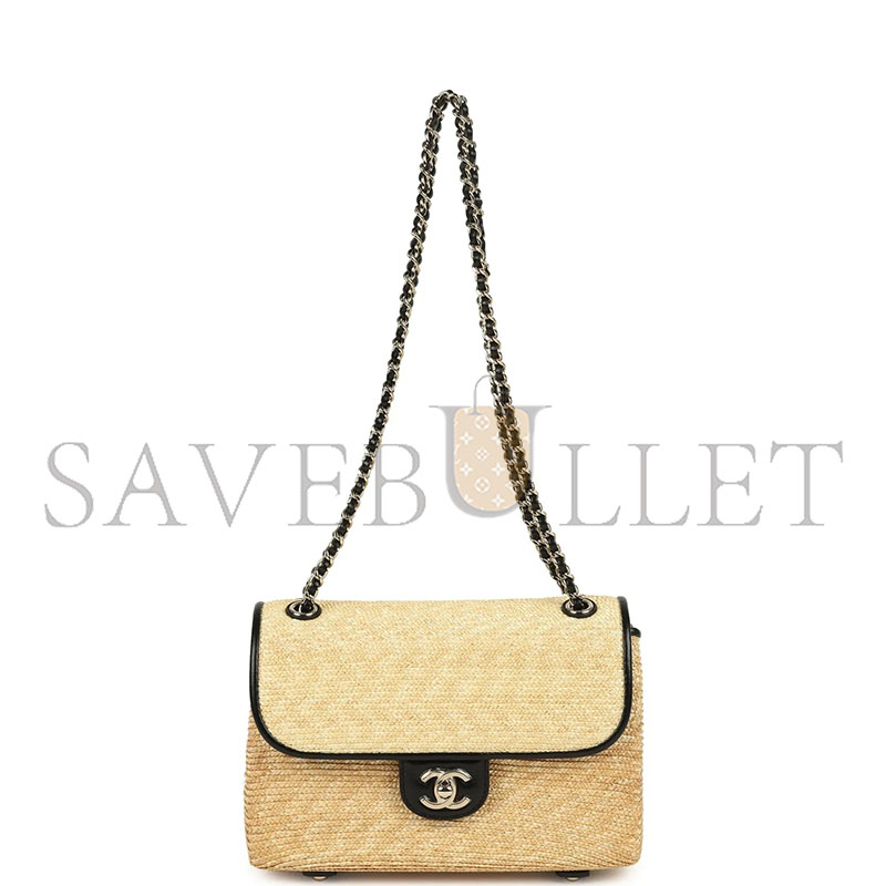 CHANEL MASTER SMALL FLAP BAG BEIGE BRAIDED RAFFIA AND BLACK LAMBSKIN LIGHT GOLD HARDWARE AS6017 (23*16*8cm)